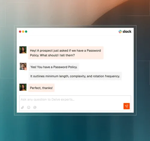 Slack chat showing a conversation about password policy outlining minimum length, complexity, and rotation frequency.