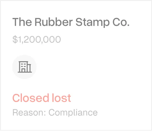 Business card for The Rubber Stamp Co. showing $1,200,000 value, marked Closed lost with reason Compliance.