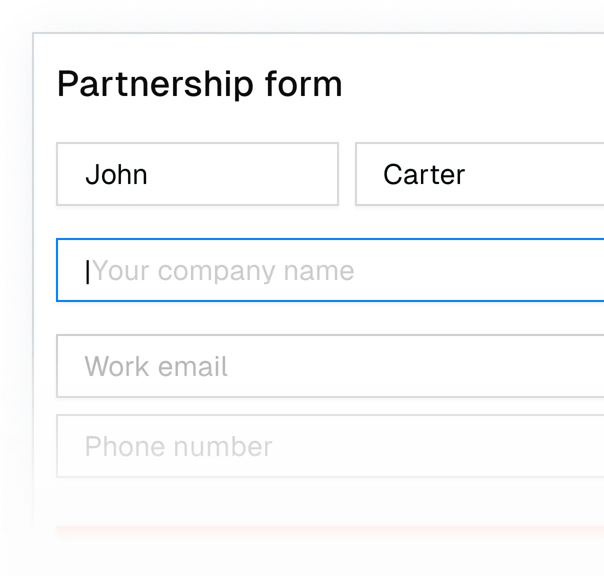 Partially filled partnership form with first name John and last name Carter, empty fields for company name, work email, and phone number.