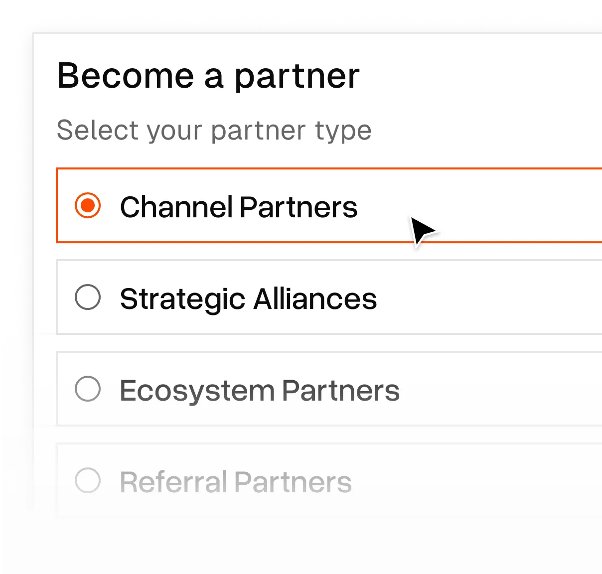 Form titled 'Become a partner' with a section to select partner type, options include Channel Partners selected, Strategic Alliances, Ecosystem Partners, and disabled Referral Partners.