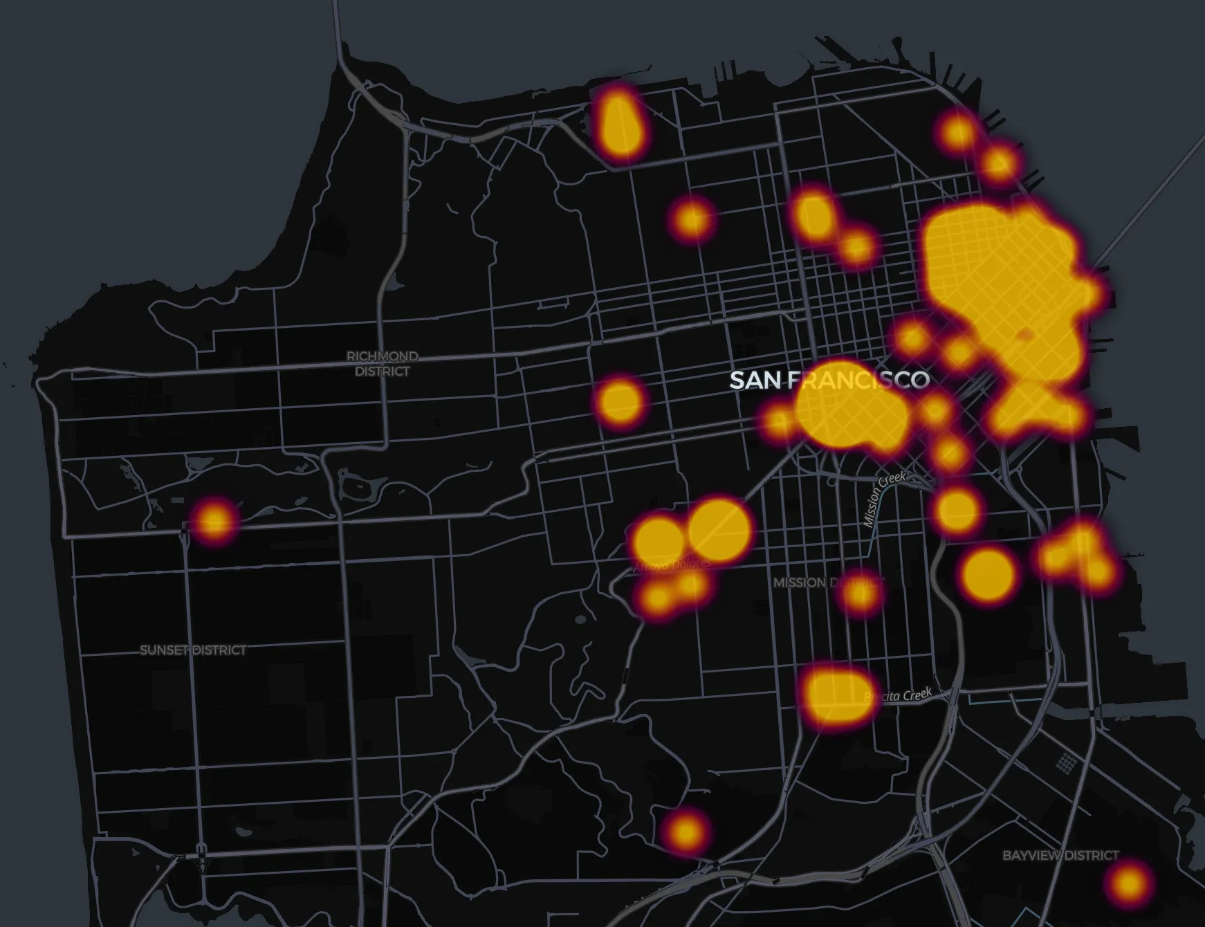 Heatmap of San Francisco showing high-intensity data points concentrated in downtown and eastern neighborhoods.