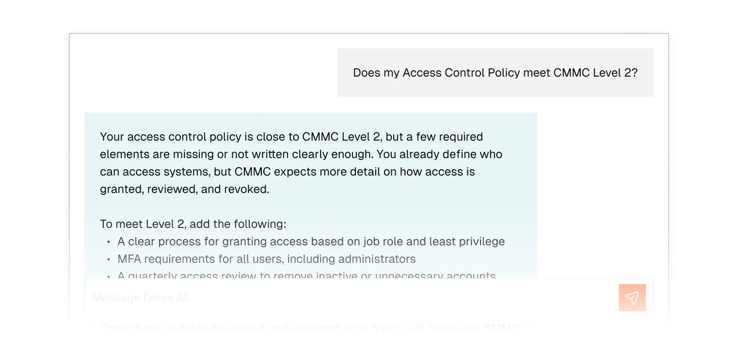 Text explaining that the access control policy is close to CMMC Level 2 but missing details on granting, reviewing, and revoking access; suggests adding a clear process based on job role and least privilege, MFA for all users including admins, and quarterly access reviews.