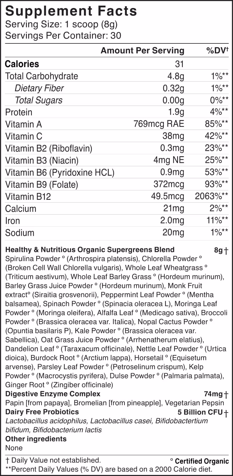 Enso Supergreens Supplement Fact table