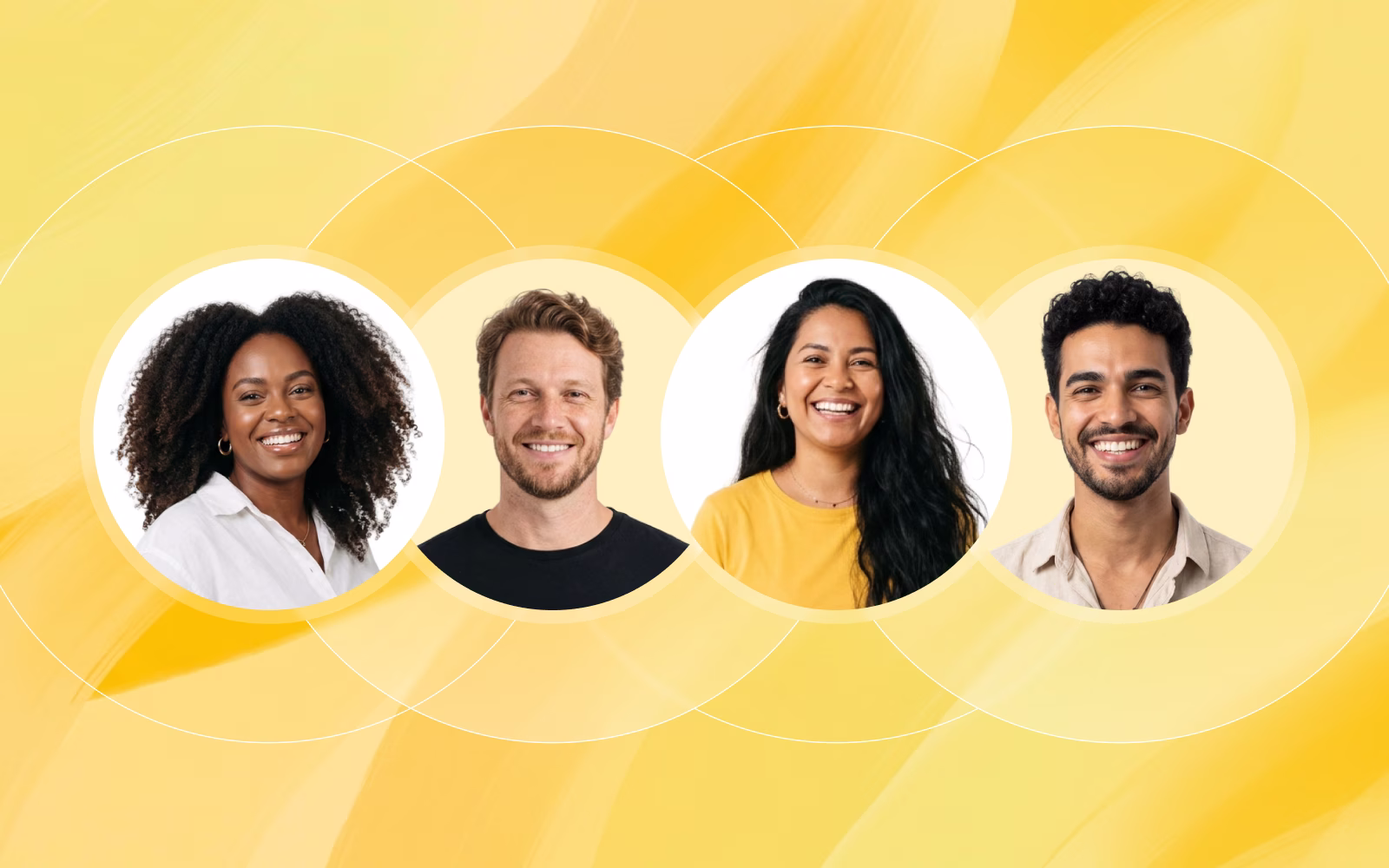 Quatro pessoas sorrindo em molduras circulares sobre fundo amarelo