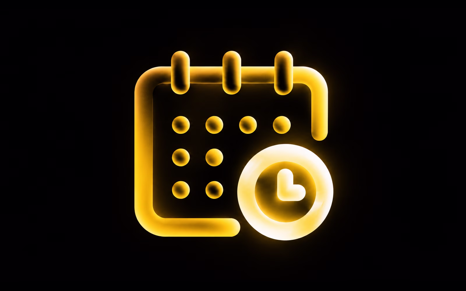 Ícone de calendário com um relógio sobreposto, em traço neon amarelo
