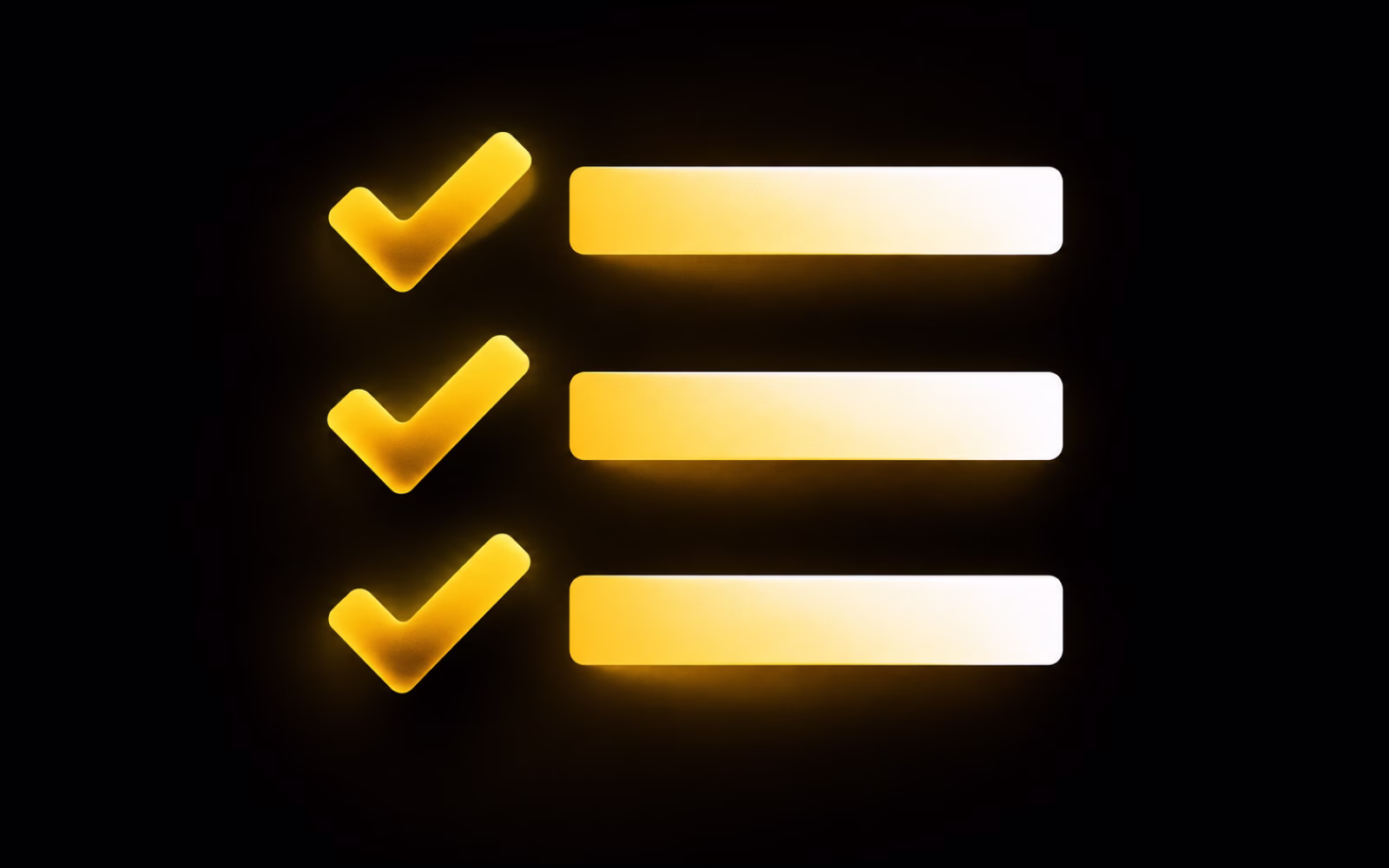 Lista de verificação com três itens marcados, em traço neon amarelo
