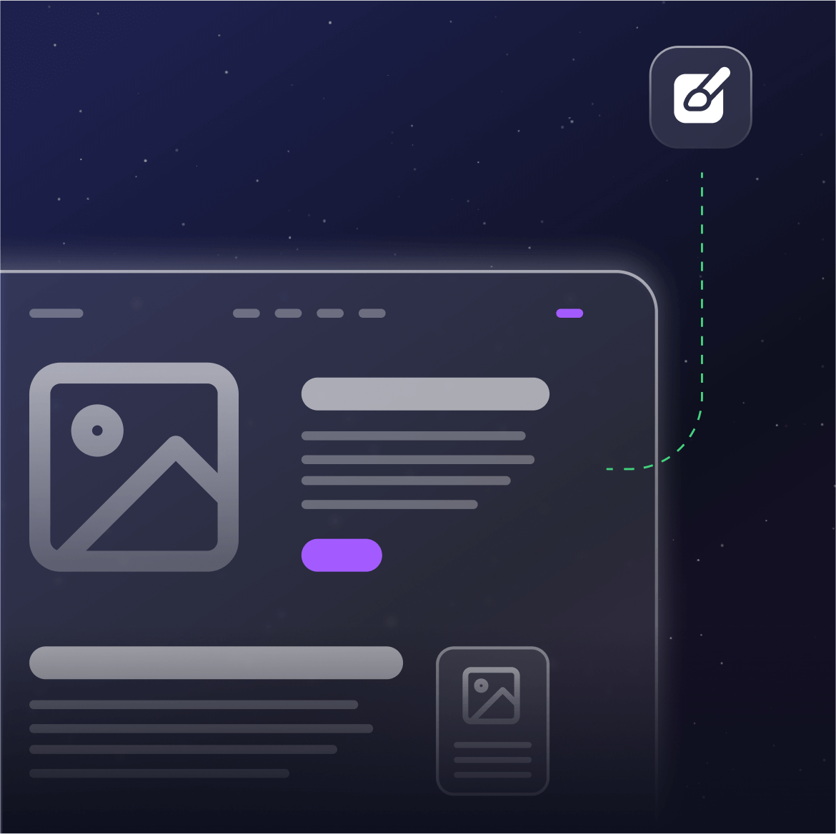 Conceptual UI layout showing design elements and a creative tool icon, representing the web design process in early visual stages
