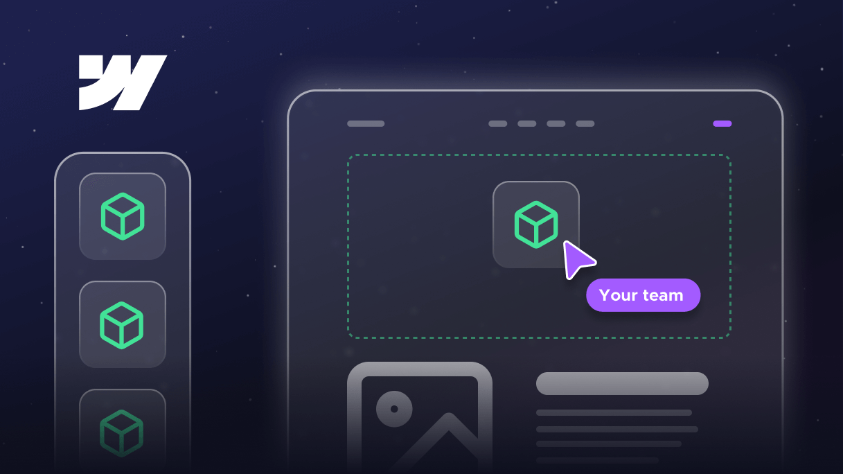 Webflow interface mockup showing modular block selection for fast, on-brand landing page creation without coding