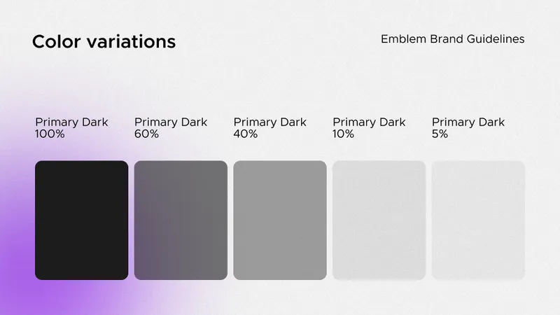 Shades of primary dark color ranging from 100% to 5%, demonstrating brand color variations for Emblem brand identity
