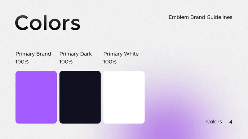 Brand color palette showing primary purple, dark, and white colors labeled as 100% values in Emblem brand guidelines
