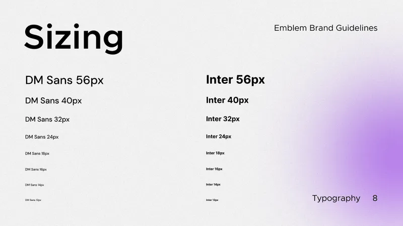 DM Sans and Inter font size scale from 56px to 12px, showing typography hierarchy in Emblem brand guidelines