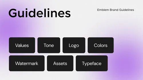 Brand guidelines overview with labeled sections for values, tone, logo, colors, watermark, assets, and typeface