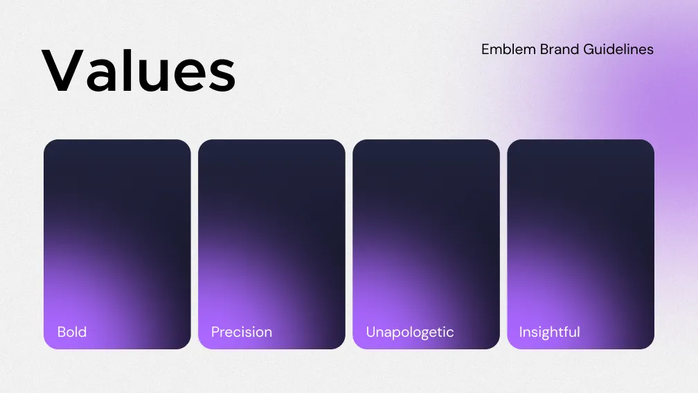 Four brand value cards labeled Bold, Precision, Unapologetic, and Insightful from the Emblem brand guidelines