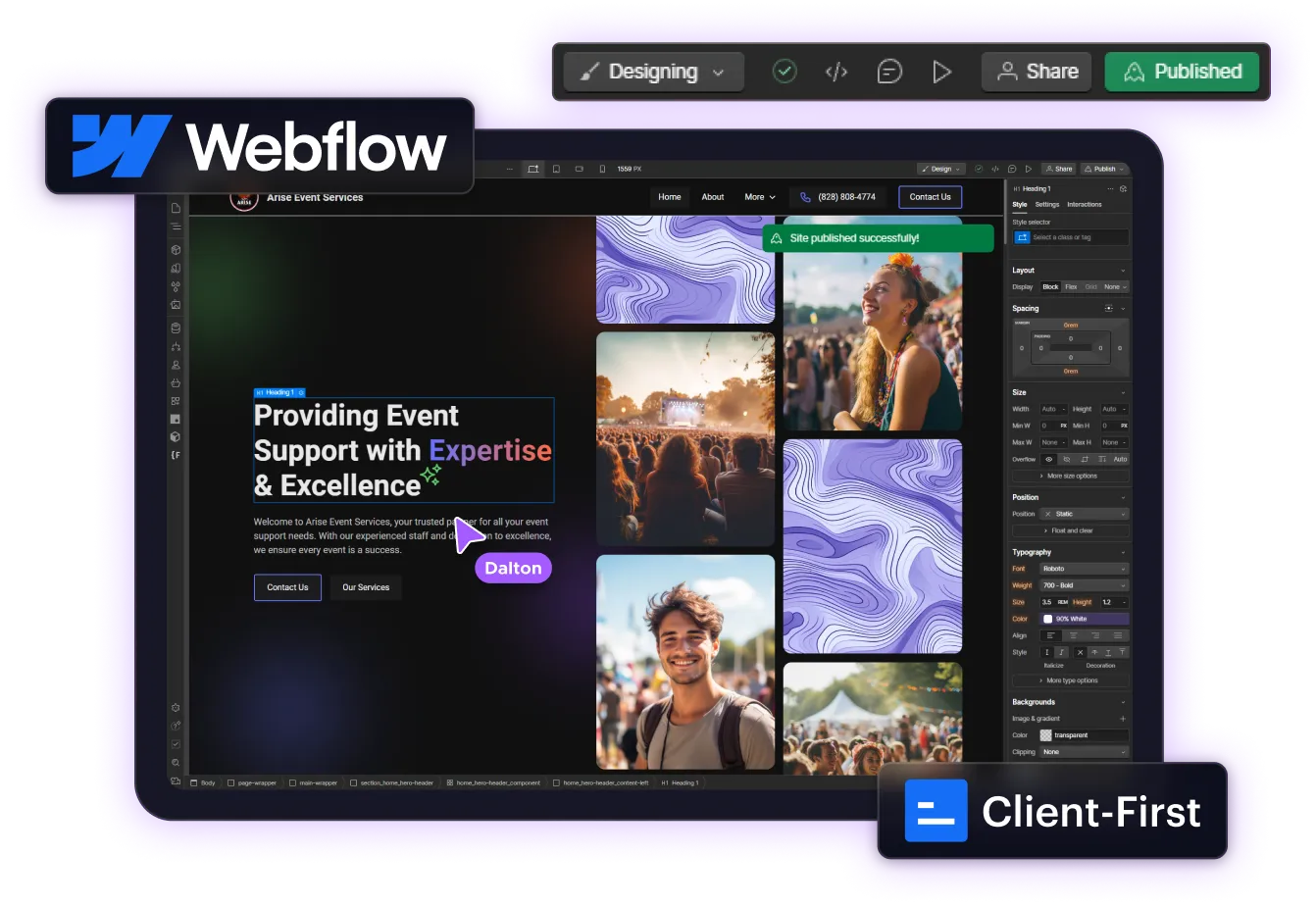 Webflow editor showing a live event website built with Client-First structure, highlighting modern, responsive web design in progress