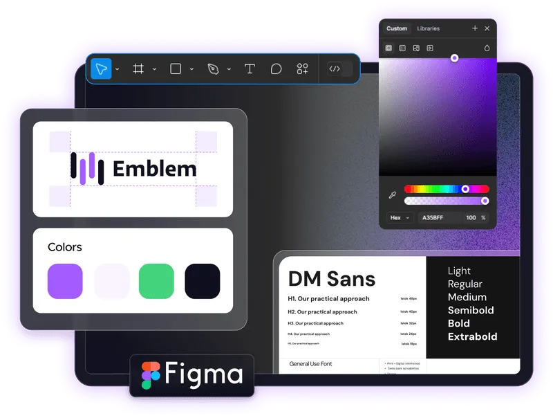 Figma branding workspace showing logo design, color palette, and typography system for Emblem, representing custom brand identity creation