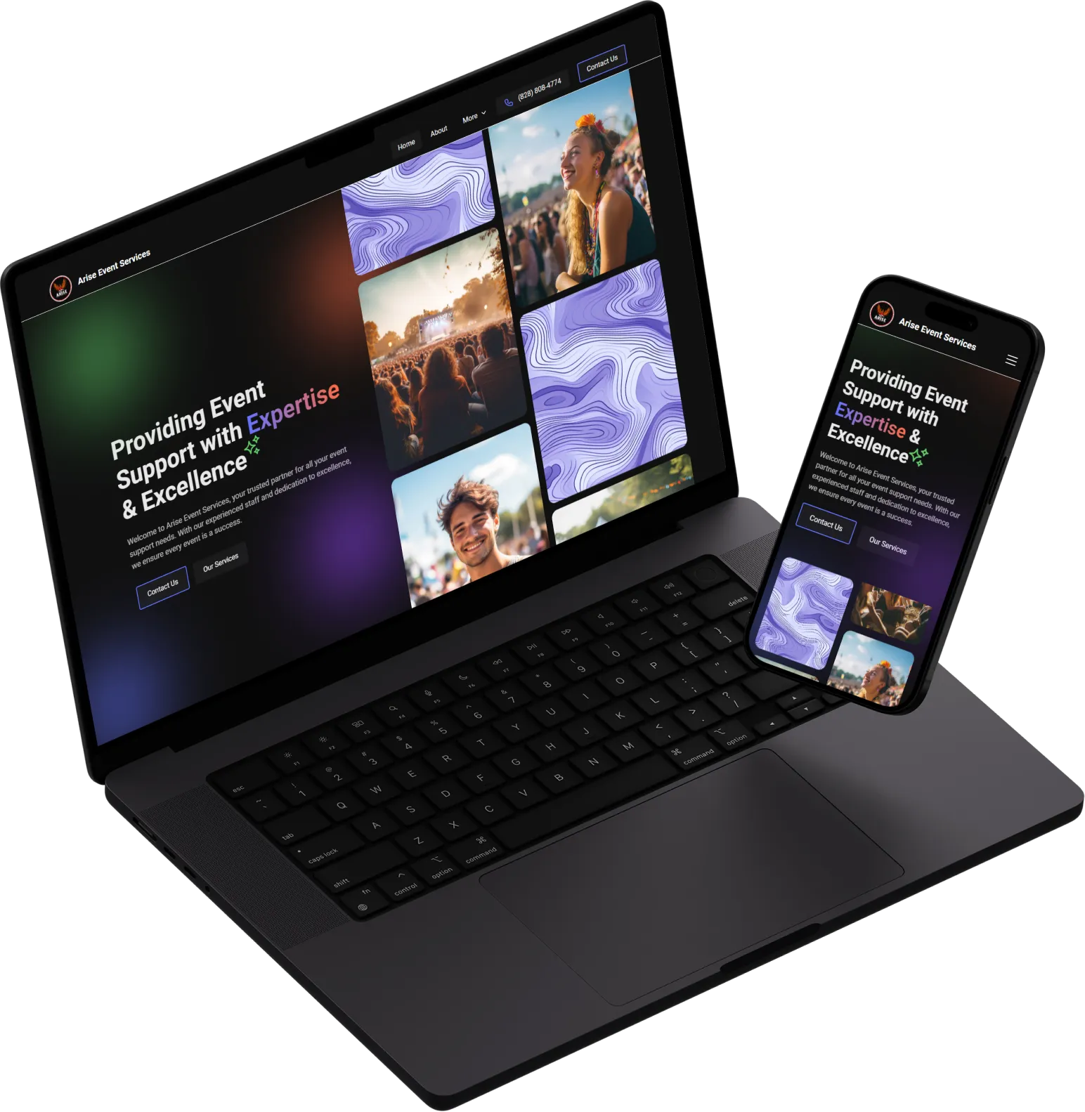 Responsive Webflow website design displayed on laptop and mobile, highlighting event services with bold visuals and mobile-friendly layout