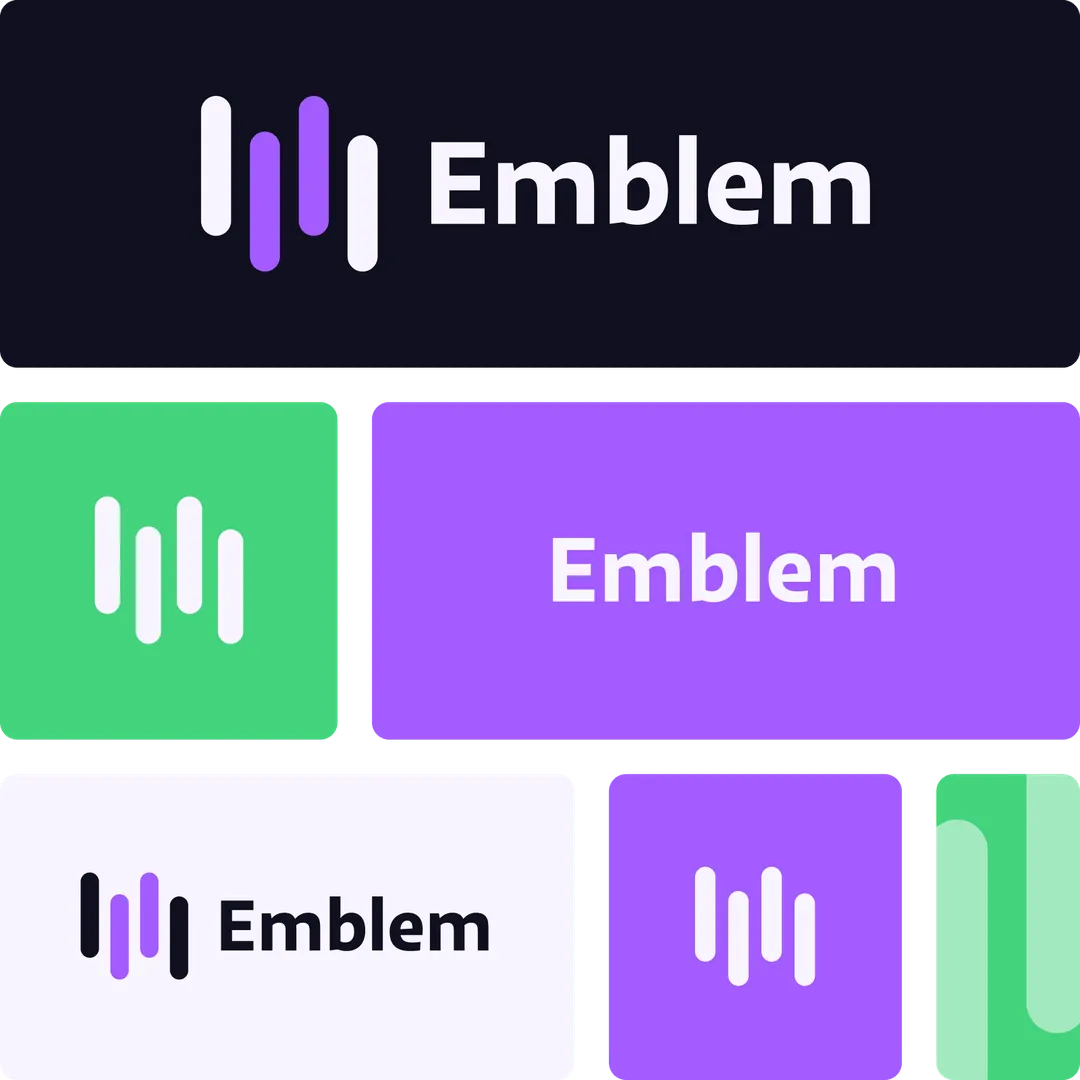 Colorful brand identity variations for 'Emblem' showcasing logo flexibility, consistent typography, and strategic color combinations for cohesive visual branding.