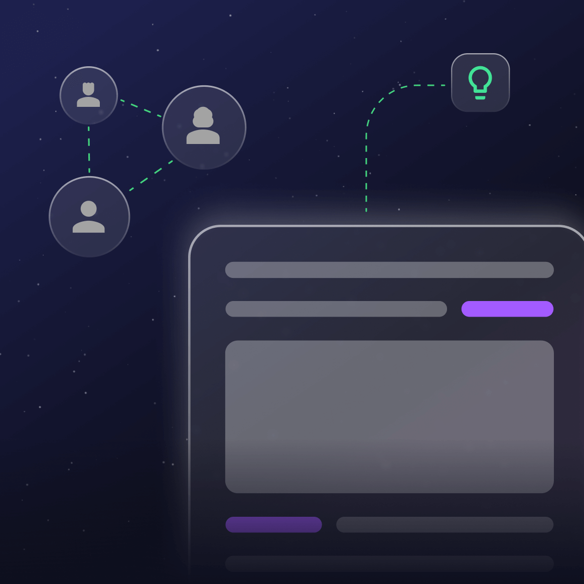 Illustration of people connecting to a document with a lightbulb icon, symbolizing a collaborative branding workshop to define messaging and visual direction