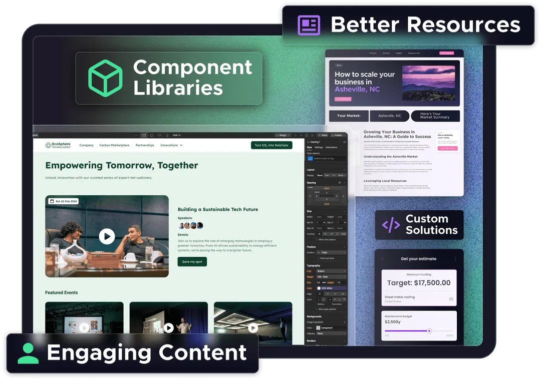 Web design interface displaying resource-rich pages, including custom calculators, component libraries, and SEO content hubs for business growth