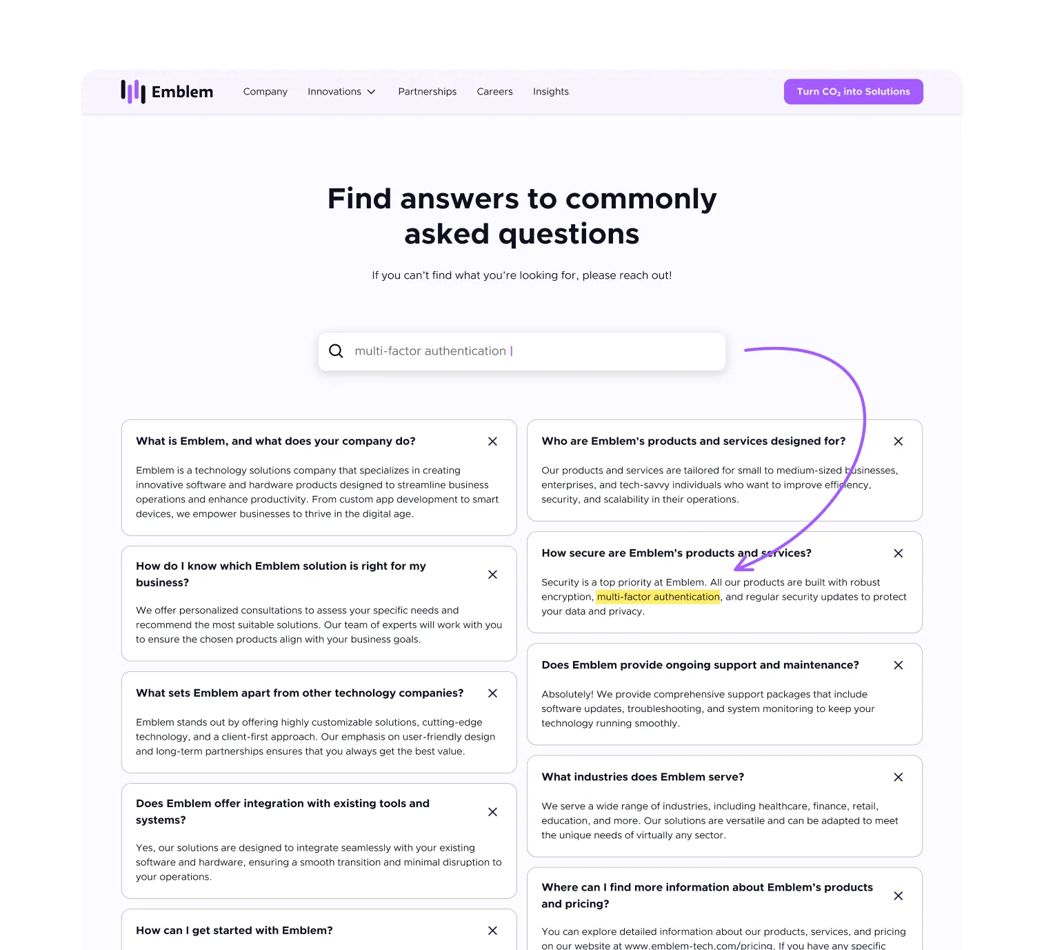 Searchable and expandable FAQ section with clear questions and answers, designed to enhance UX, reduce support load, and improve SEO