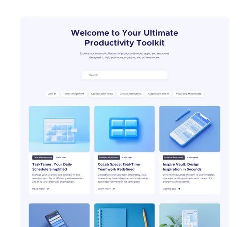 Resource directory UI showing a directory of categorized tools and templates with filtering and search options