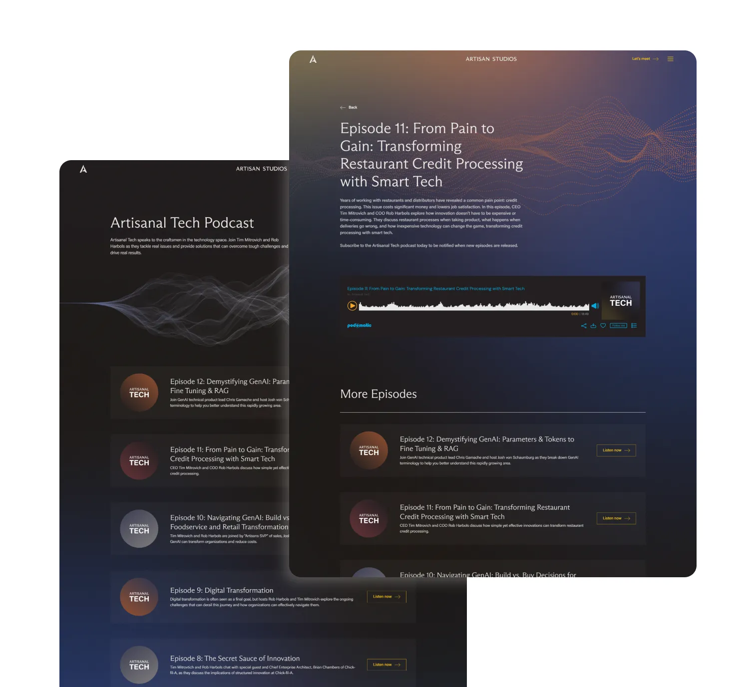 Podcast episode page layout for tech podcast series featuring audio player, episode summaries, and searchable episode list.