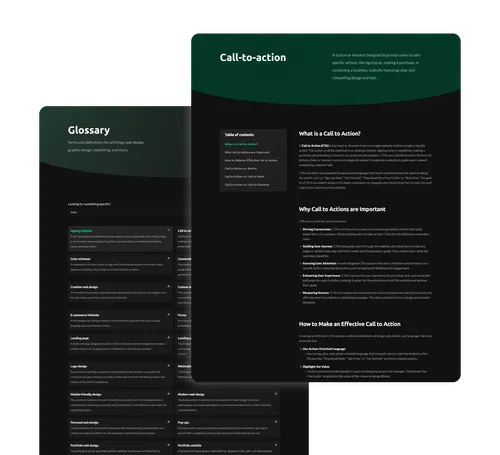 Web design glossary page showing structured term definitions and SEO-optimized content layout for industry education.