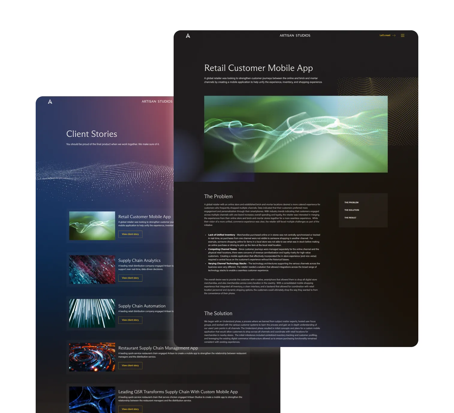 Client success story page highlighting business challenges, solutions, and results through immersive visuals and narrative content.