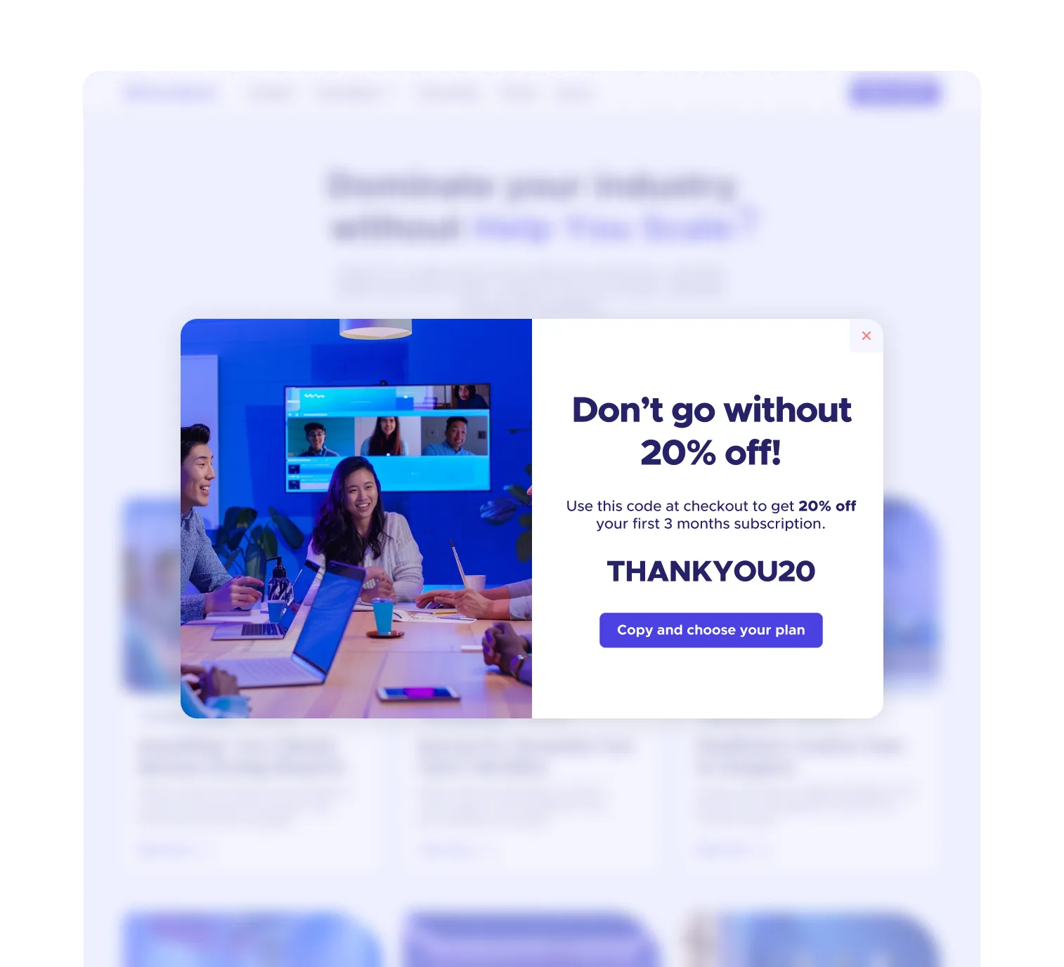 Targeted website pop-up offering 20% discount code, placed over a modern blue-toned webpage with friendly team meeting imagery.