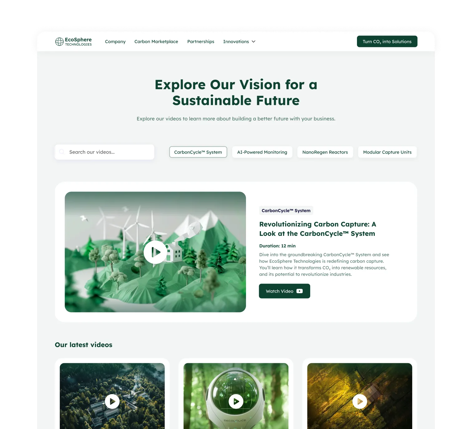 Clean video library UI featuring categories and thumbnails for business-focused educational videos