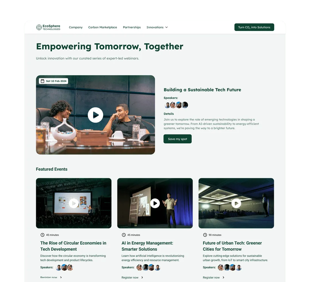 Webinar event showcase layout promoting upcoming tech events with speaker details and sign-up call-to-actions.