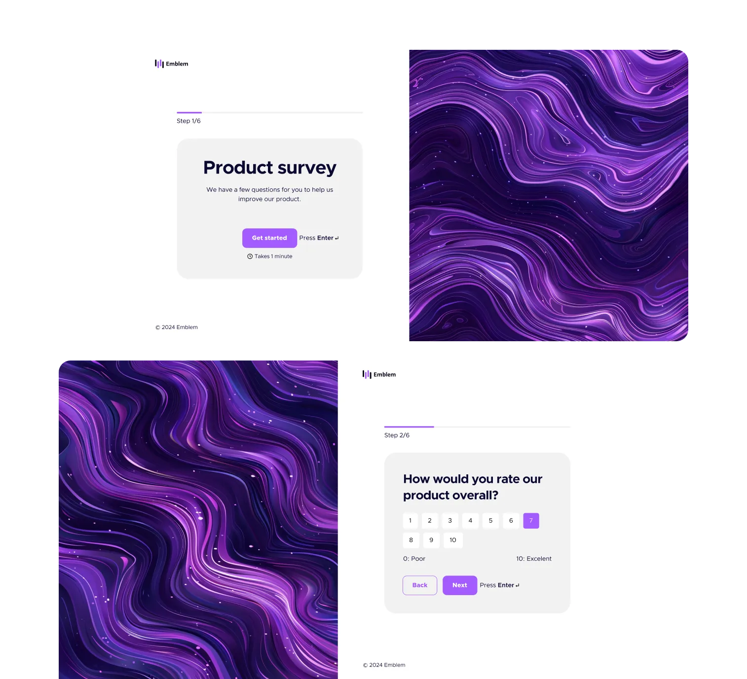 Stylized multi-step survey form with feedback questions designed to collect user insights through an engaging UI.