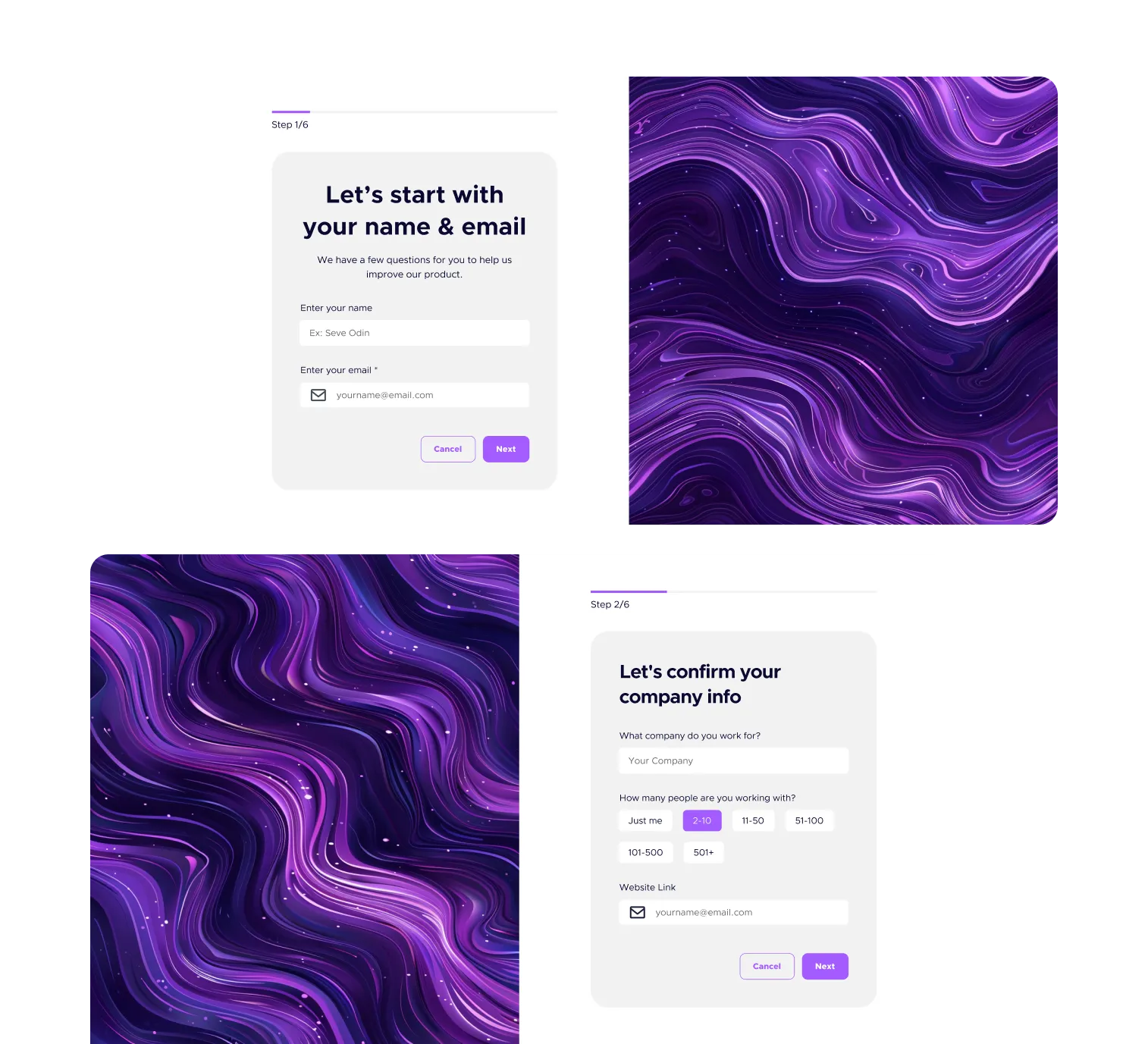 Multi-step lead generation form with company info and user email input, using a modern purple-themed interface.