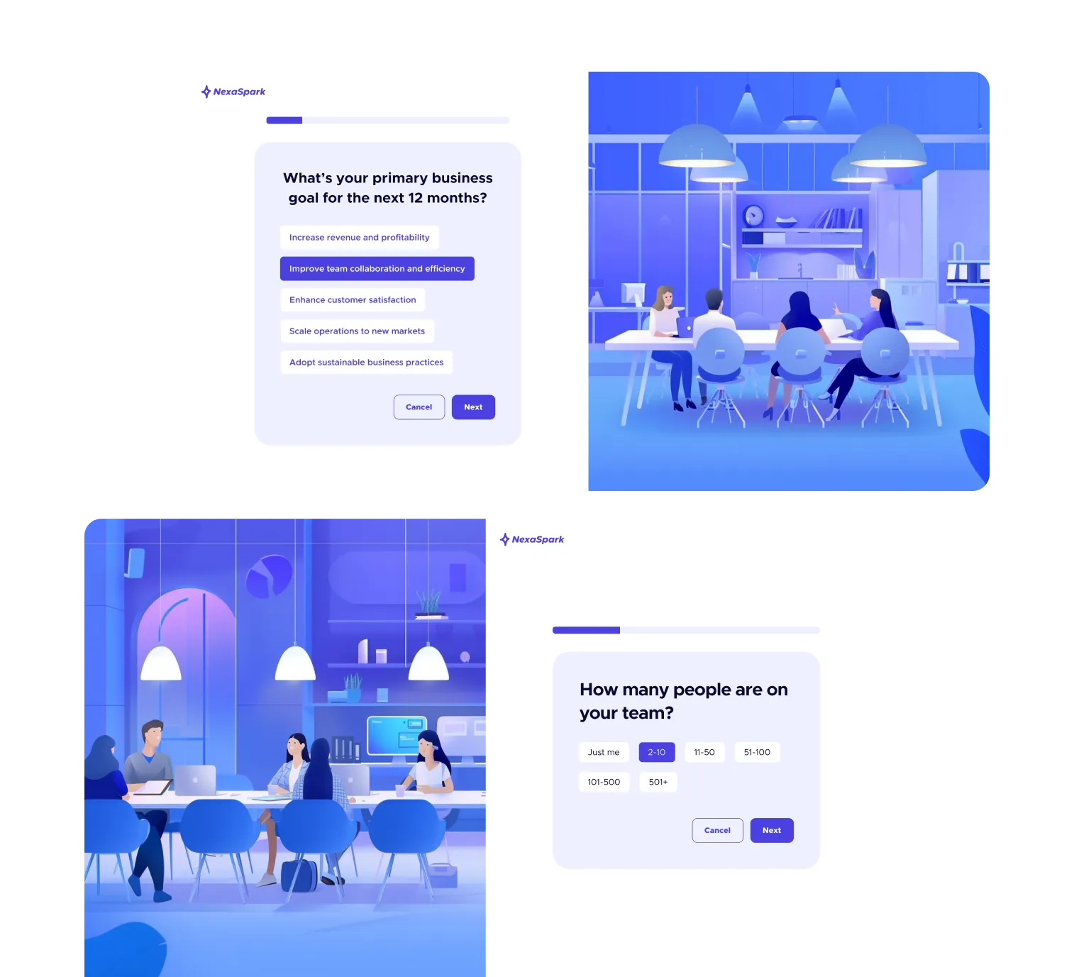 Interactive quiz with business goal questions and team size selection, designed to boost engagement and gather lead data.