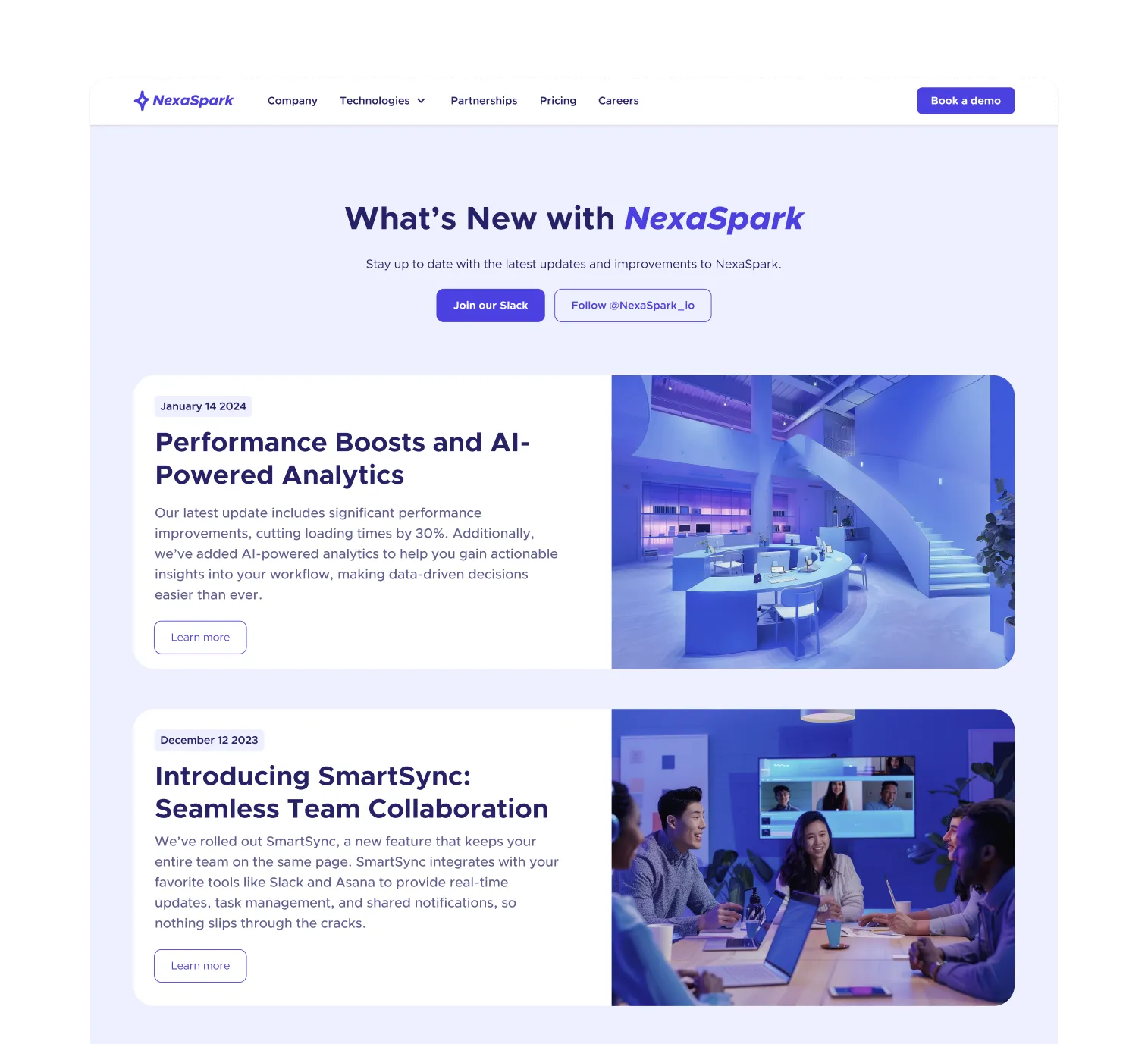 Product updates landing page with announcements on AI-powered analytics and new team collaboration features.