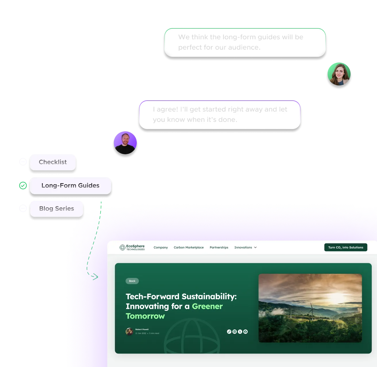 Collaborative chat and strategy selection leading to a published resource article, representing the execution phase of content development