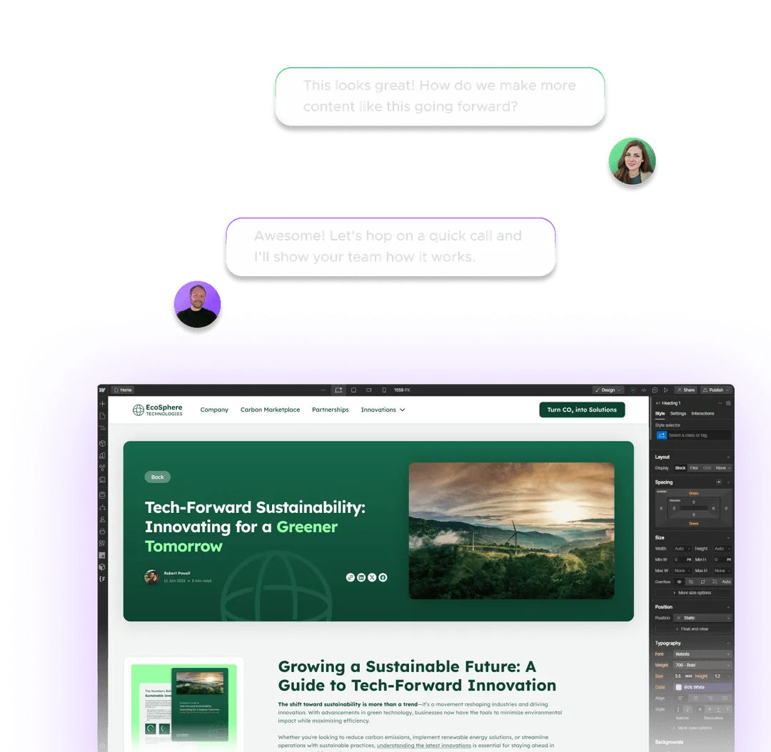 Client and designer chat above a finished Webflow page, representing final review and training on how to manage new content tools