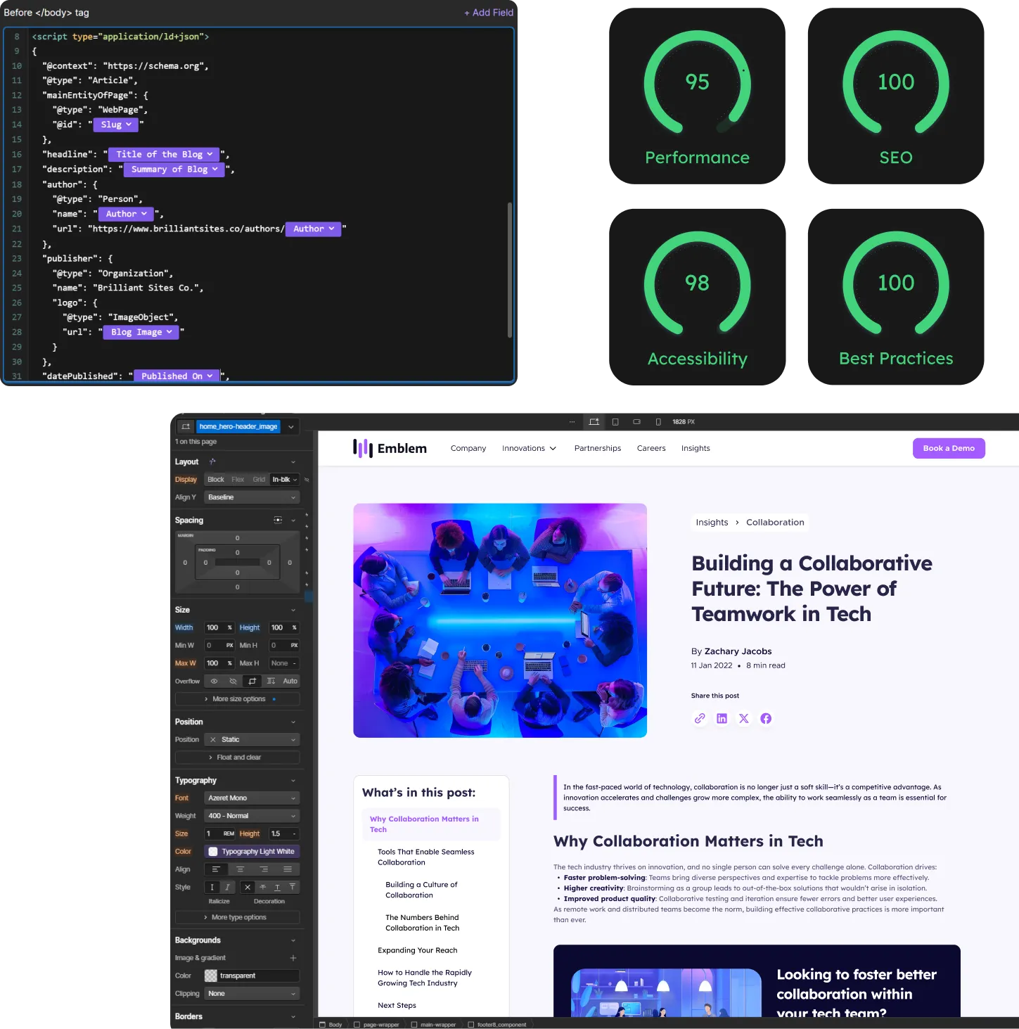 Webflow website maintenance interface showing blog SEO schema setup, performance scores, and CMS editing panel for ongoing optimization and support