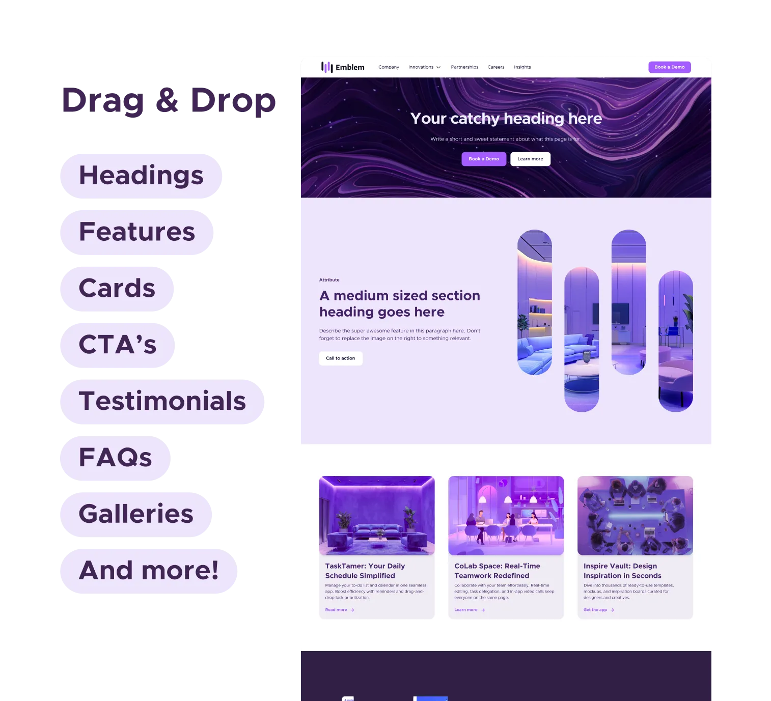 Drag-and-drop Webflow component library featuring reusable content blocks like headings, cards, CTAs, testimonials, and FAQs.
