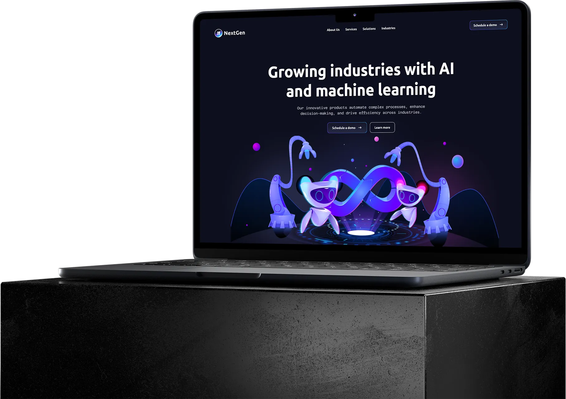 Dark-themed laptop mockup displaying a futuristic AI and machine learning website design with bold call to action, promoting impactful first impressions through modern web design