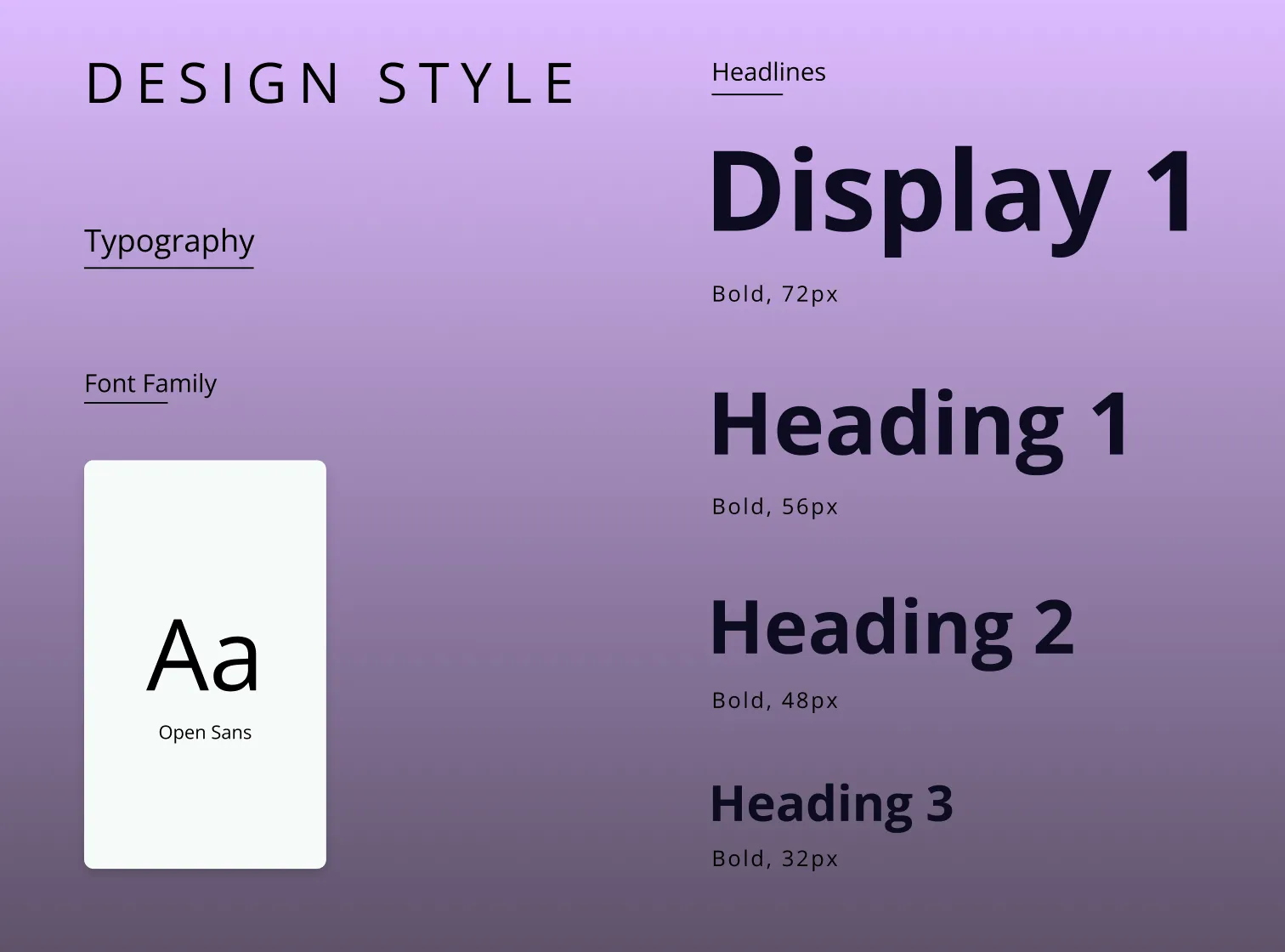 A typical typography style guide for web designers showing heading and paragraph sizes with a purple background.