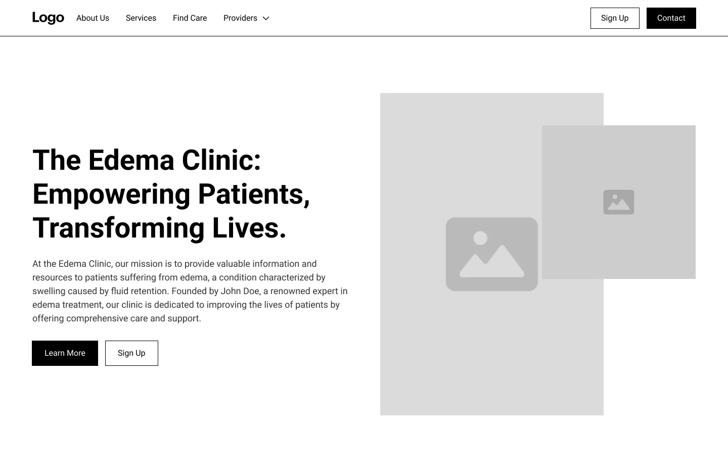 A mockup of a web page strictly using black and white.