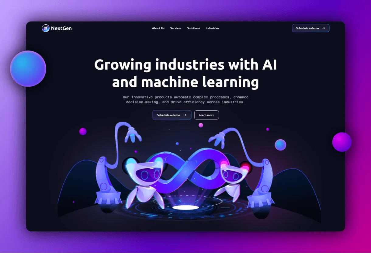 An image of a website that uses color well, with vibrant pinks and purples, along with darker blue hues. It reads "Growing industries with AI and machine learning" with a button that says "Schedule a demo"