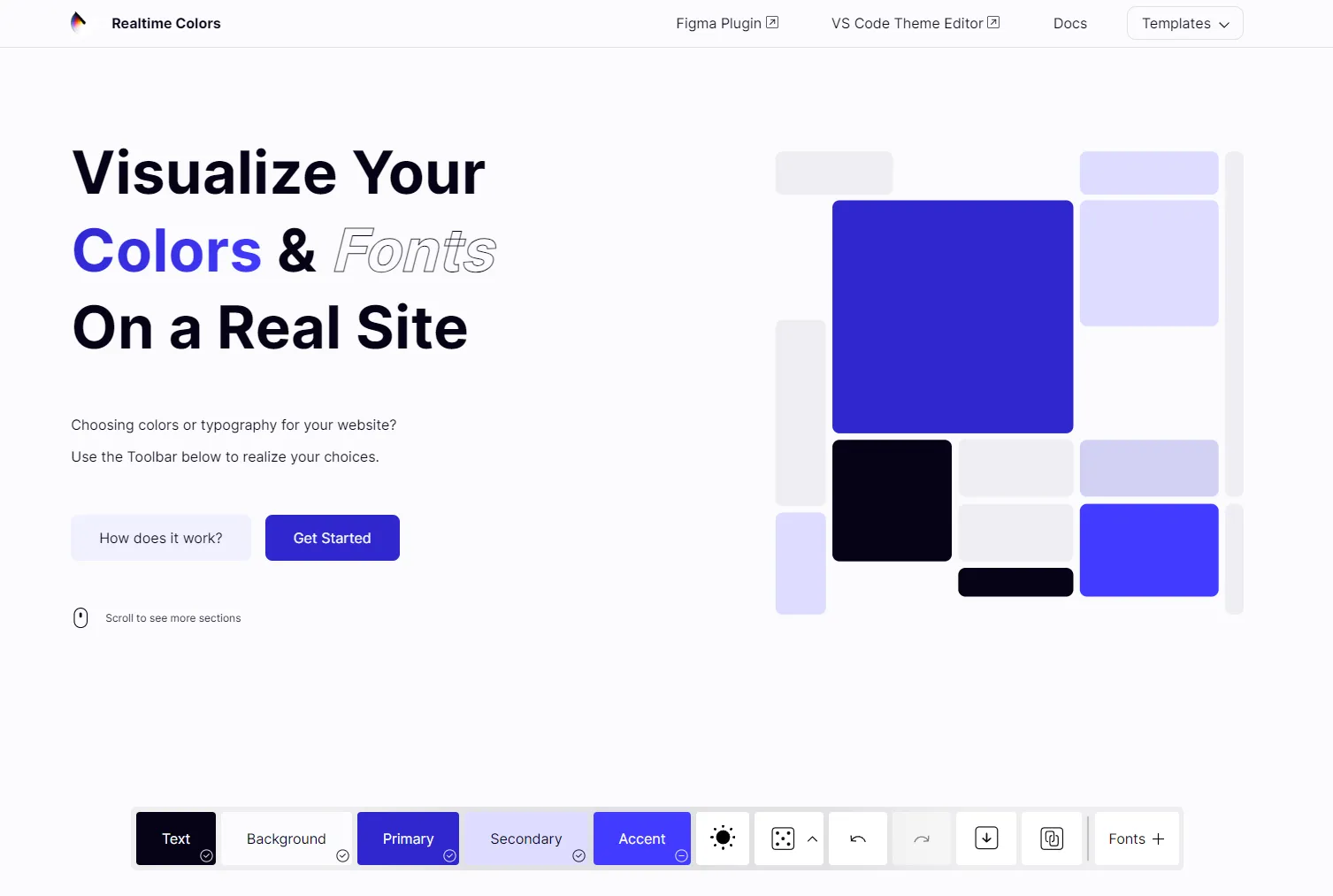 An image of the Real Time Colors website that reads "Visualize your colors & fonts on a real site"