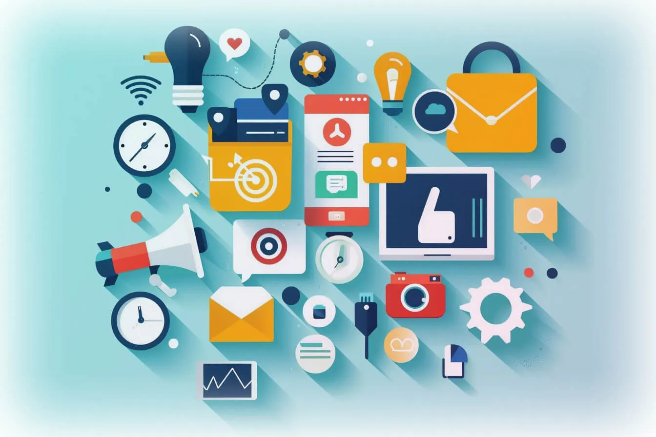 Content marketing symbolism, such as email, megaphone, blog, messaging, and media. 