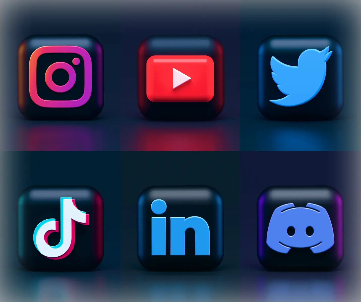 Content marketing platform icons, from left to right, Instagram, YouTube, Twitter, TikTok, LinkedIn, and Discord.