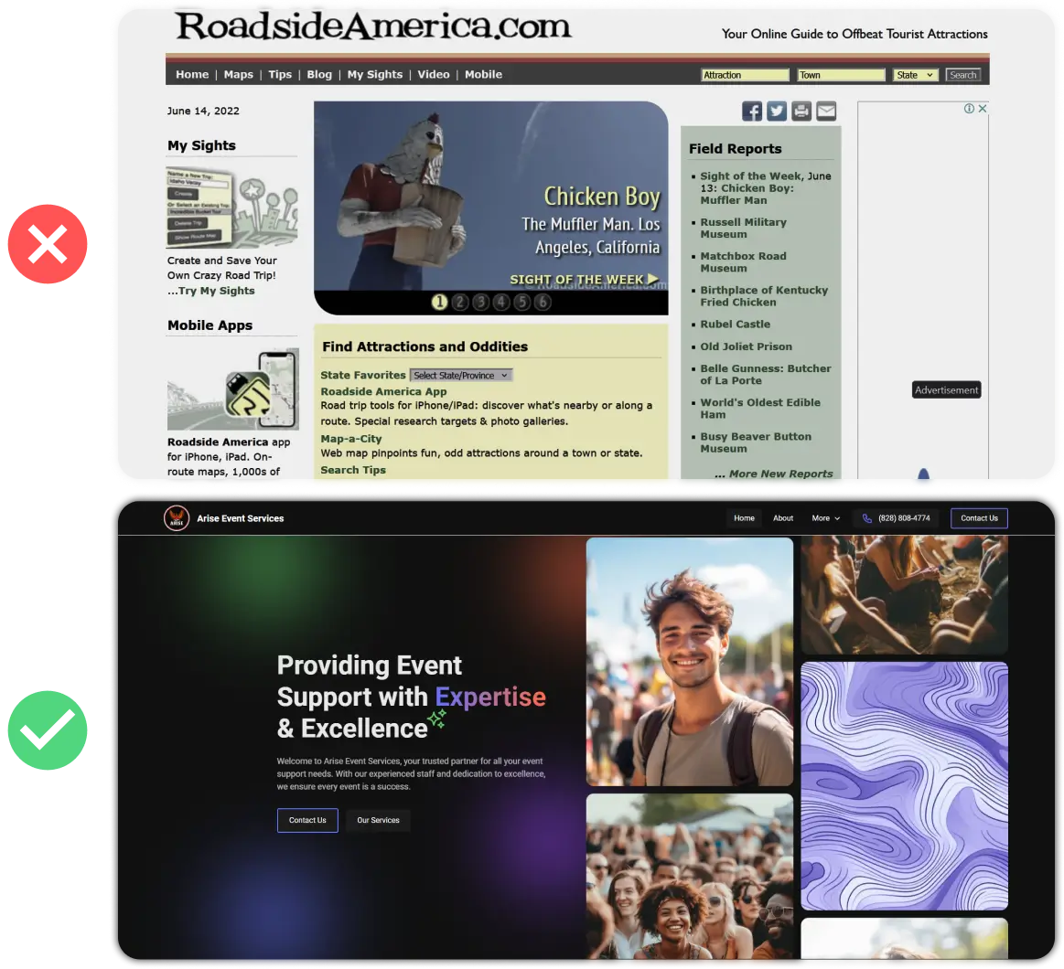 Showing a bad, cluttered website design, versus a sleek website design that uses spacing properly.