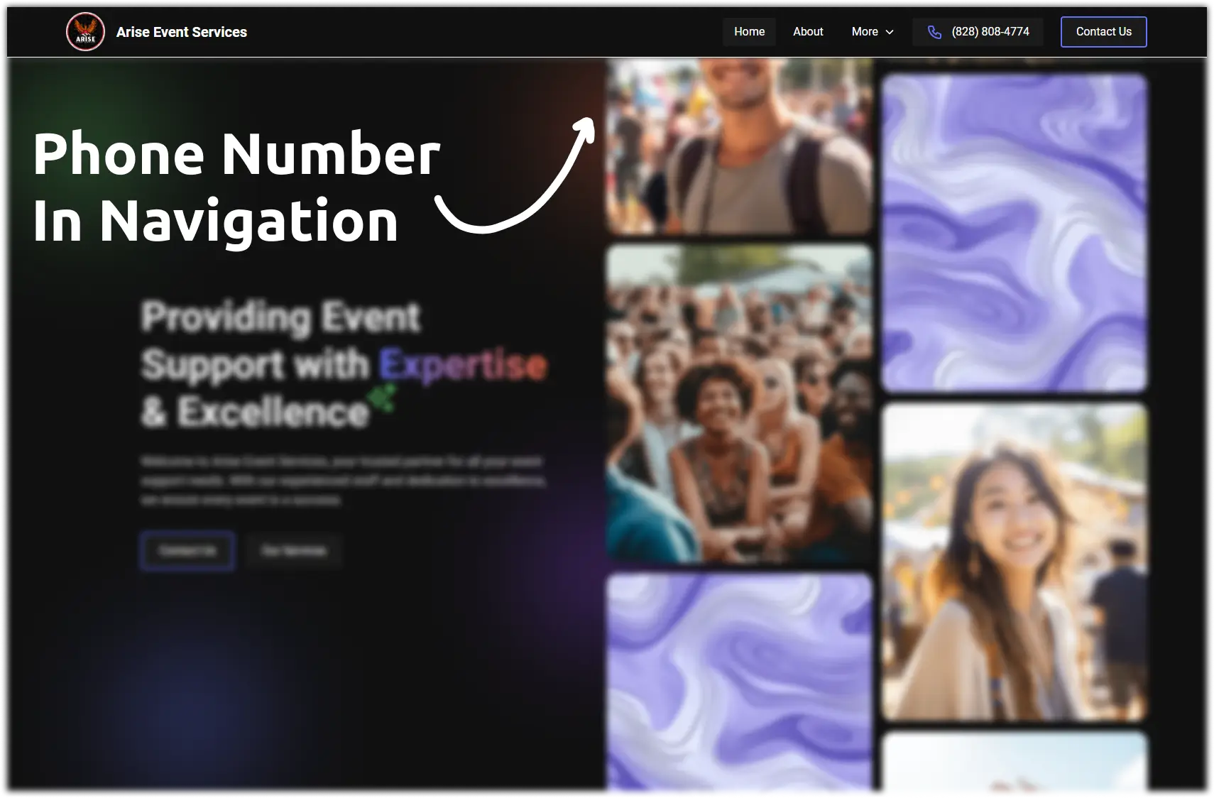 Showing a service provider's website with their phone number in the top right corner of the navigation menu.