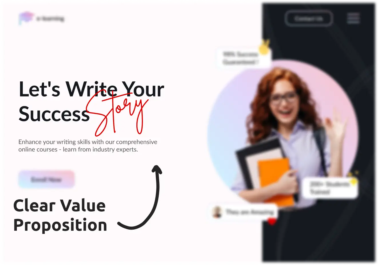 An example of a clear value proposition for an online writing course website that reads "Let's write your success story. Enhance your writing skills with our comprehensive online courses - learn from industry experts"