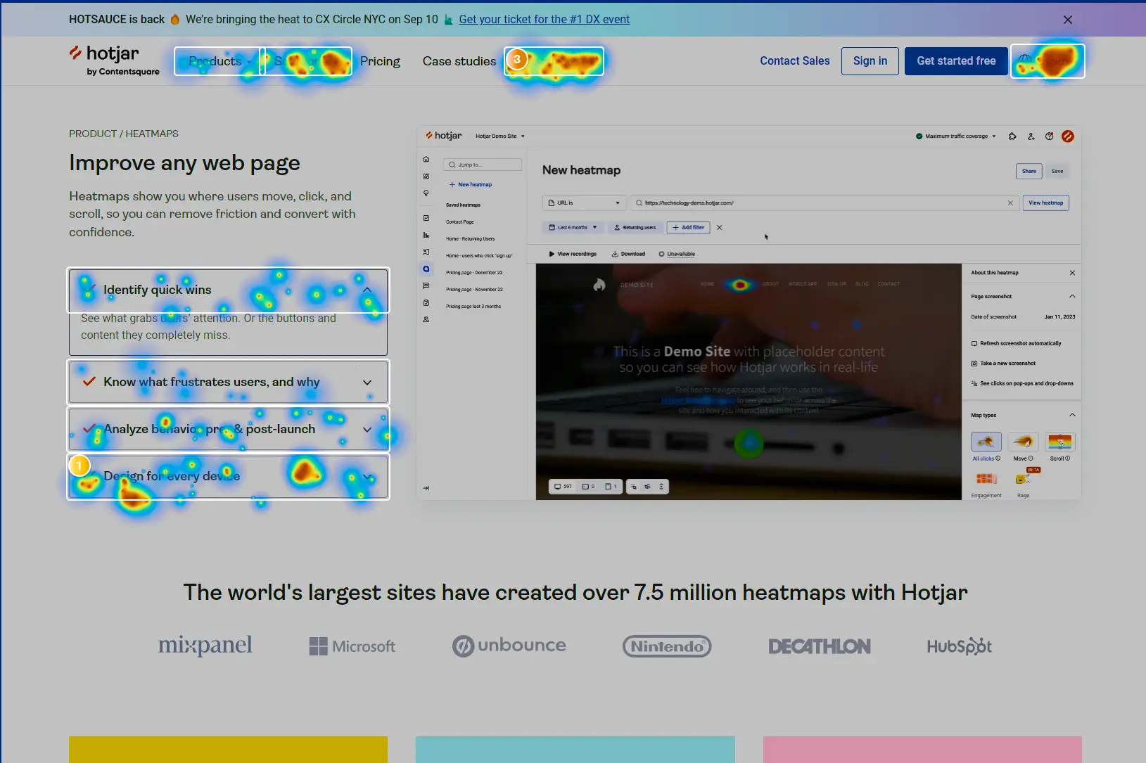 A Hotjar heatmap example, showing you user behavior in the form of a heatmap directly overlayed on the website.